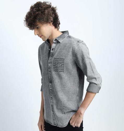 Men Grey Slim Fit Faded Cotton Casual Shirt
